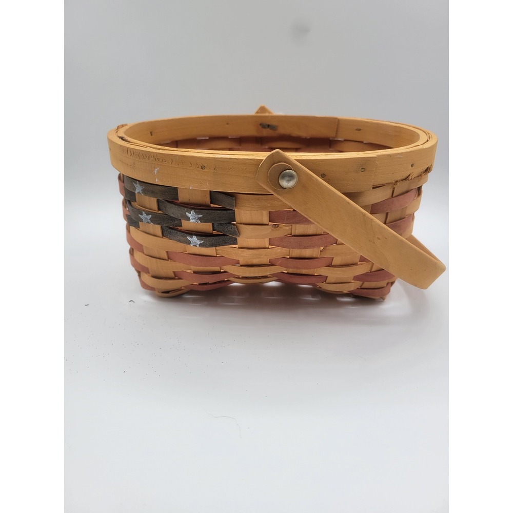 Patriotic Woven Wood Basket American Flag Stars Swing Handle Primitive Decor
